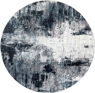 Abstract round Baldwyn Area Rug with a distressed pattern in black, charcoal, ink blue, and white. Design-Round-710