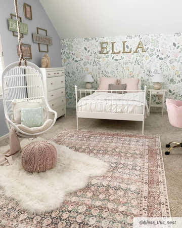 Kids bedroom scene with a Maligaya Distressed Washable Rug in bone, gray, and nutmeg tones. Farmhouse style. Roomscene-Rectangle