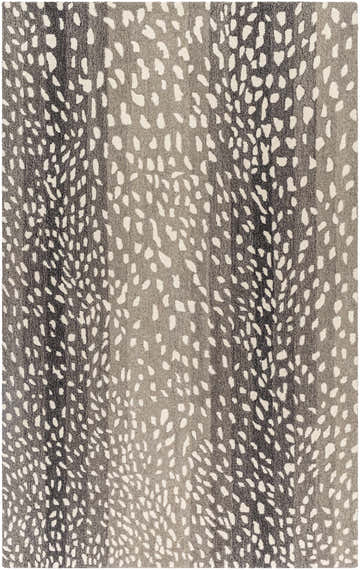 Close-up of the Athena Giraffe Print Wool Rug, featuring a beige and charcoal animal print design. Hand-tufted texture. Design-Rectangle-58