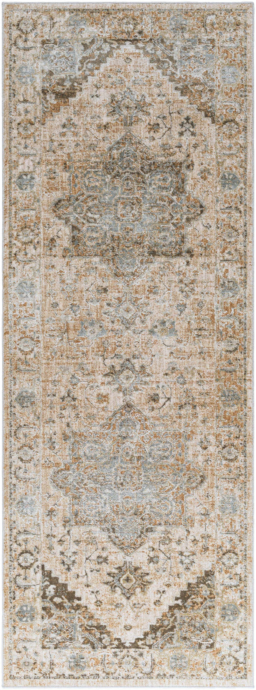 Close-up of the Ballisodare Thick Luxe Boutique Rug, showcasing its beige, teal, and brown traditional oriental pattern. Design-Runner-2773