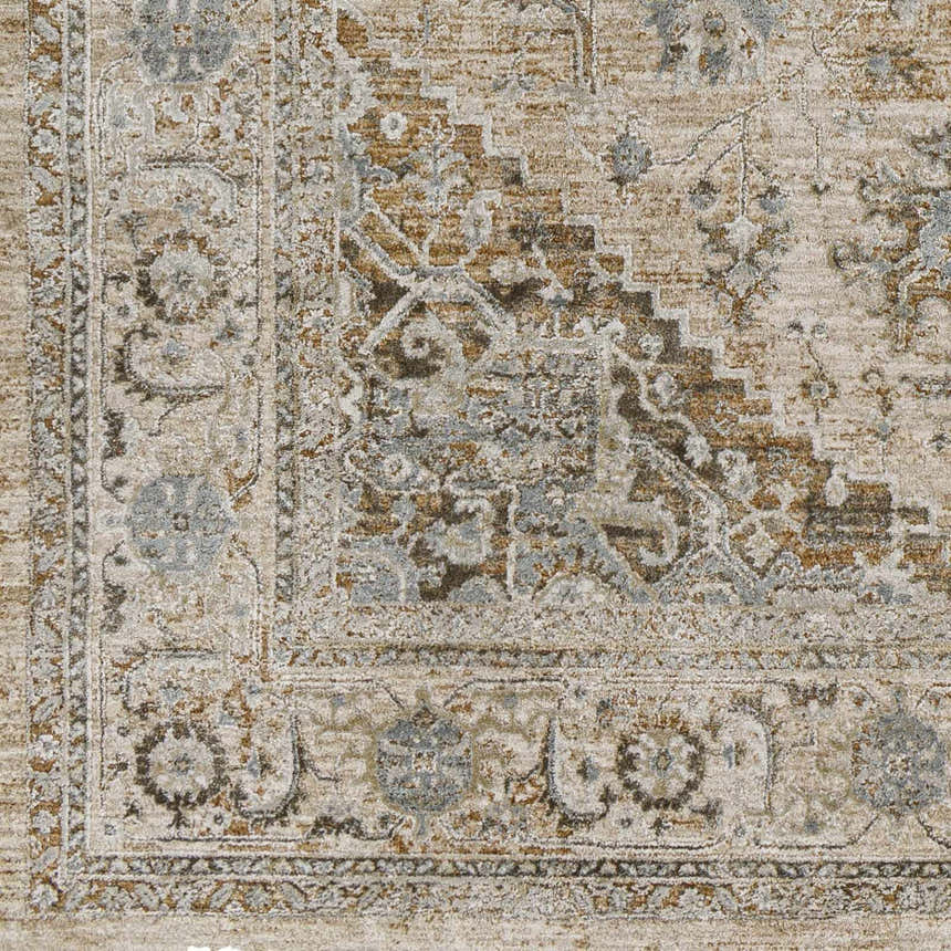 Close-up of the Ballisodare Thick Luxe Boutique Rug, showcasing its beige, brown, and gray traditional Oriental pattern. Swatch