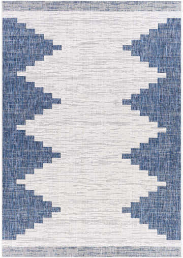 Close-up of the Djugun Navy Indoor & Outdoor Area Rug featuring a geometric diamond pattern in navy, dark blue and off-white. Design-Rectangle-5377