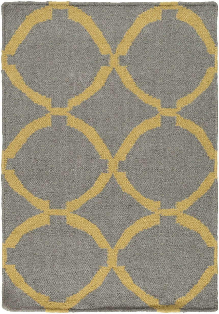 Close-up of the Bloomer Area Rug. Hand-woven wool rug in gray with a mustard-colored geometric circle pattern. Design-Rectangle-23