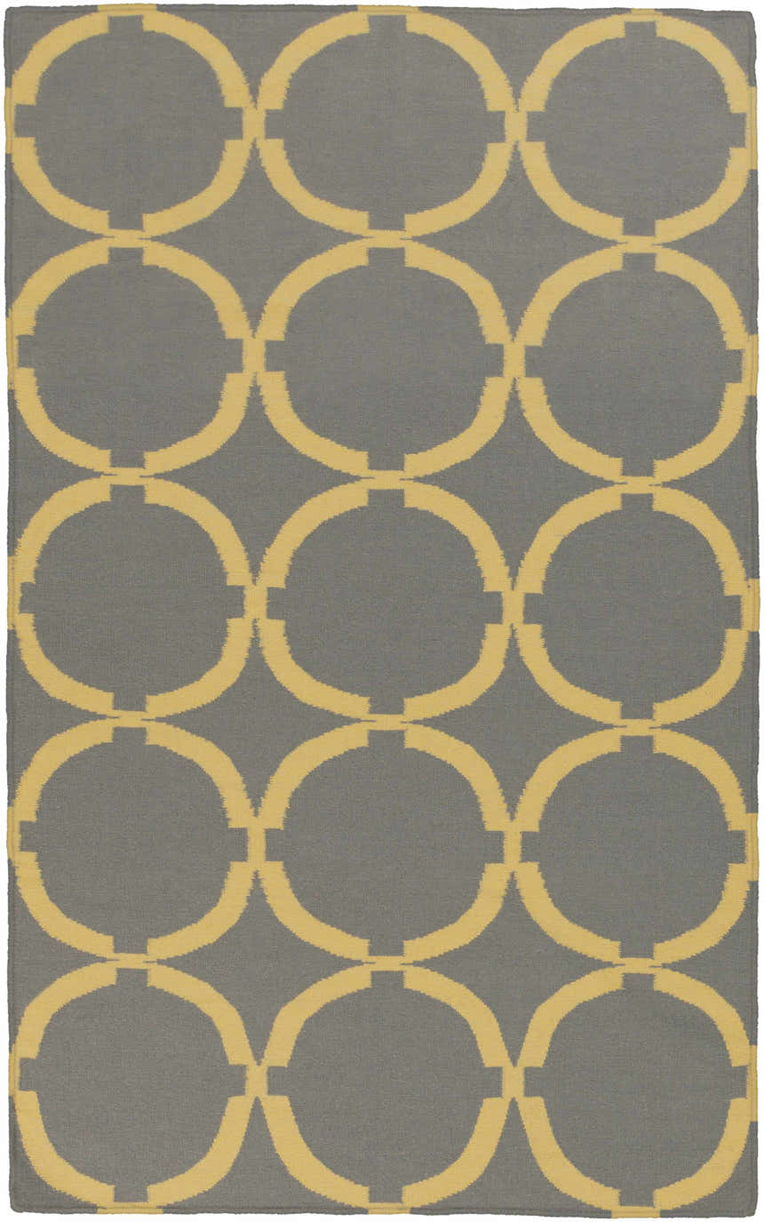 Close-up of Bloomer Area Rug. Gray wool rug with a mustard geometric circle pattern. Hand woven. Design-Rectangle-58
