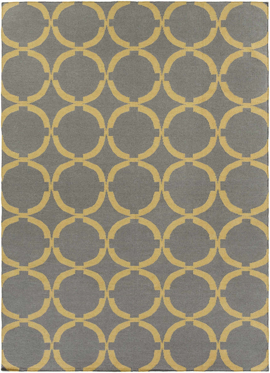 Close-up of the Bloomer Area Rug: a gray, hand-woven wool rug with a mustard-colored geometric circle pattern. Design-Rectangle-811