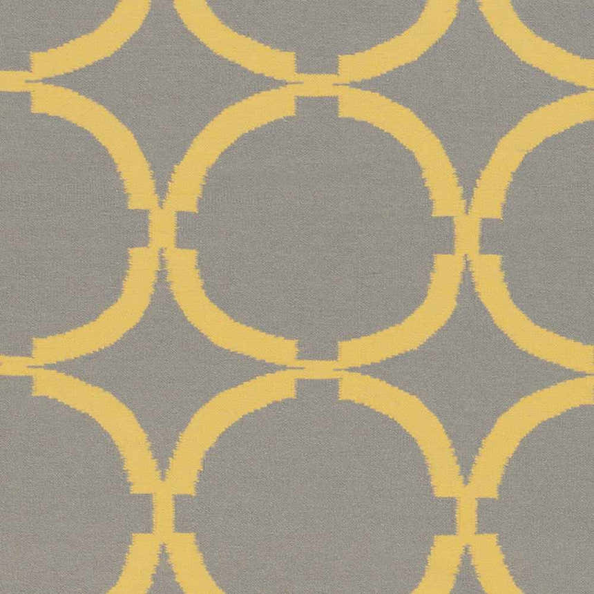Close-up of the Bloomer Area Rug. Gray wool rug with a mustard geometric chain-link pattern. Swatch