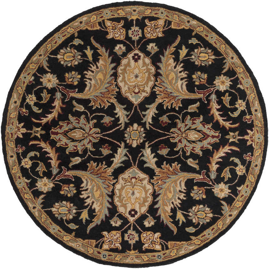 Close-up of round Blomkest Black&Yellow Traditional Wool Carpet with beige, burgundy, and olive floral Persian pattern. Design-Round-6