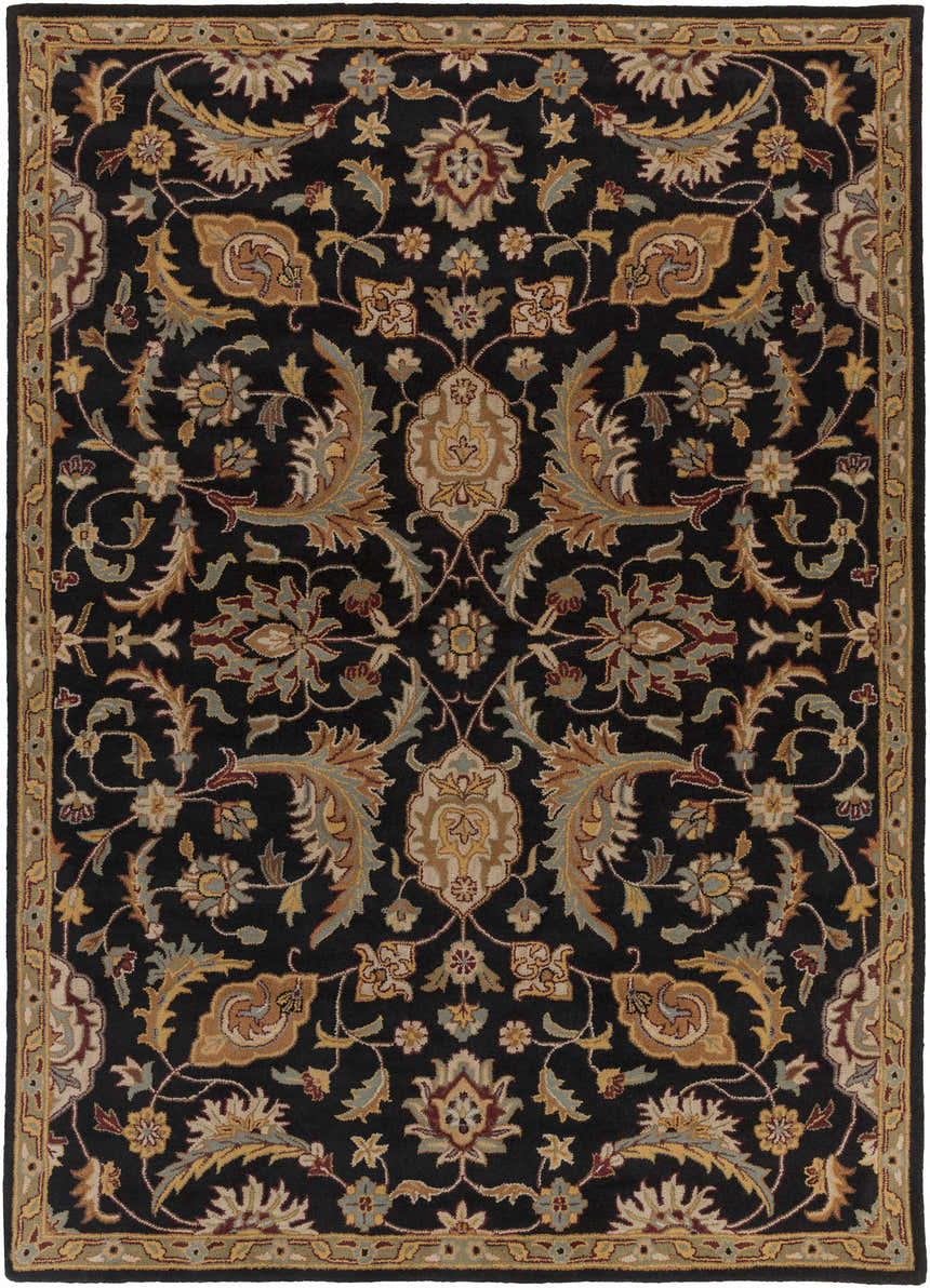 Close-up of the Blomkest Black&Yellow Traditional Wool Carpet featuring a floral Persian pattern on a black background. Design-Rectangle-811