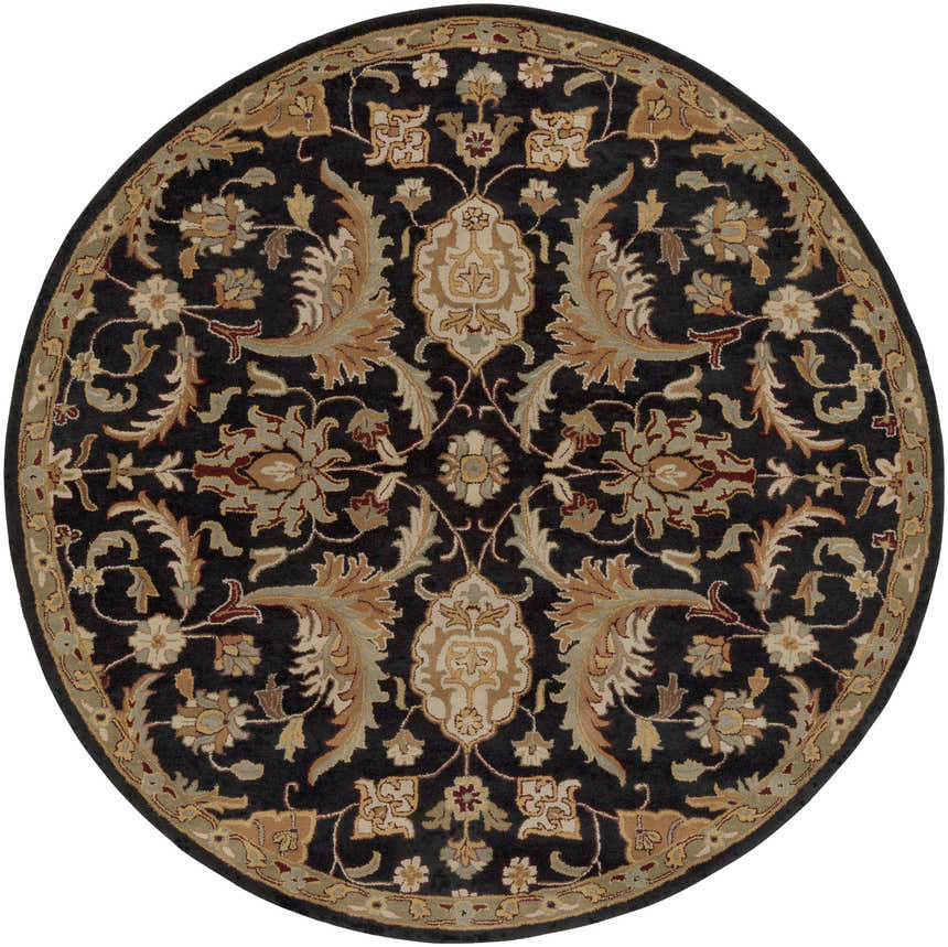 Close-up of Blomkest Black&Yellow Traditional Wool Carpet, round shape. Floral Persian-style design in beige, brown, and black tones. Design-Round-8