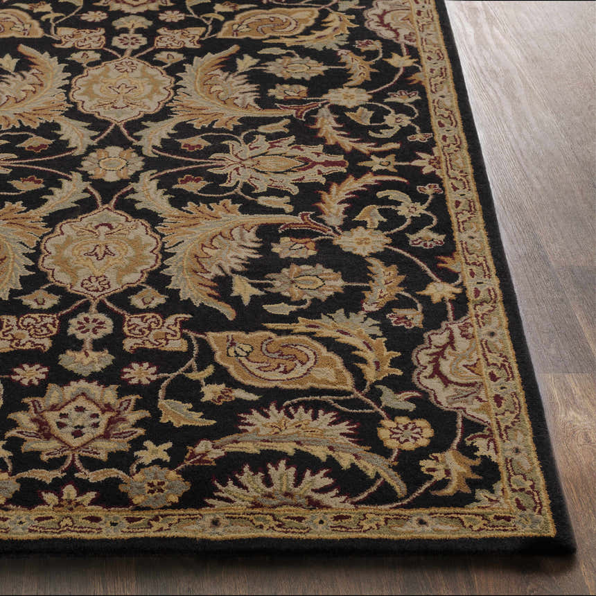 Close-up of the Blomkest Black&Yellow Traditional Wool Carpet featuring a floral Persian pattern and beige, burgundy, and olive accents. Front