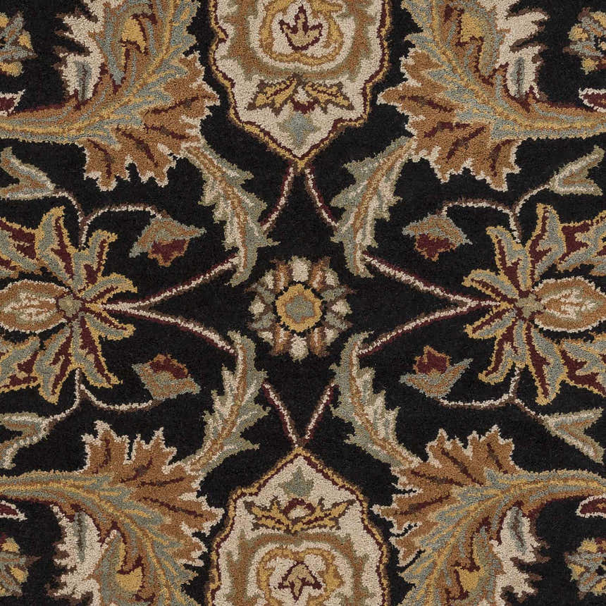 Close-up of the Blomkest Black&Yellow Traditional Wool Carpet showing floral and leaf pattern in beige, brown, and sage on black. Swatch