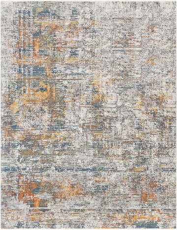 Close-up of the Blountville Carved Statement Rug. Features a contemporary abstract design in ivory, blue, orange, and gray tones. Design-Rectangle-710103