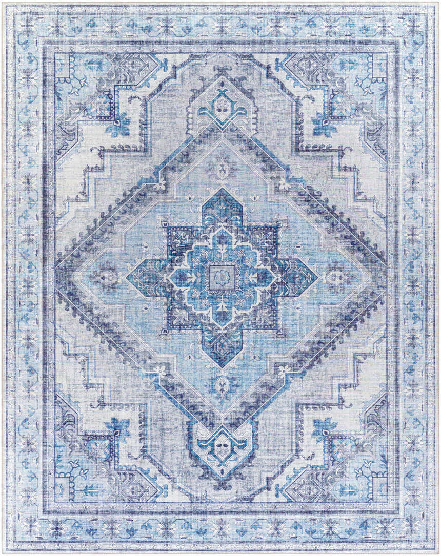 Close-up of the Boon Area Rug with a traditional diamond and floral pattern in ivory, gray, and blue tones. Design-Rectangle-7696