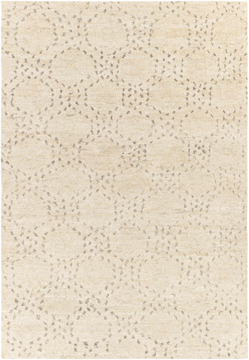 Close-up of the Banksia Area Rug. Hand-knotted wool rug in cream with charcoal geometric pattern. Contemporary style. Design-Rectangle-69