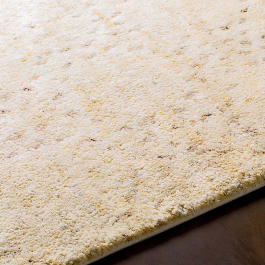 Close-up of the Banksia Area Rug, showing its ivory wool texture with subtle brown and charcoal flecks. Hand-knotted construction. Texture