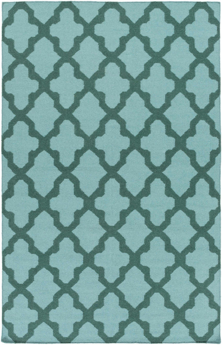 Close-up of the Boles Area Carpet. Sky blue wool rug with a teal quatrefoil pattern, hand woven. Design-Rectangle