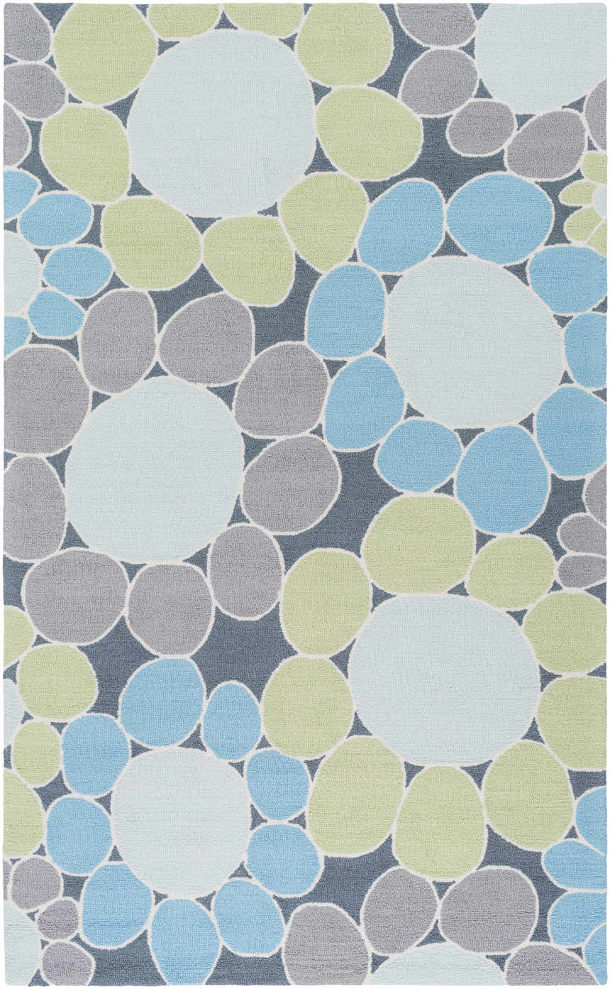 Close-up of the Bologna Area Rug with a contemporary circle pattern in blue, green, and gray on a dark gray background. Design-Rectangle-576