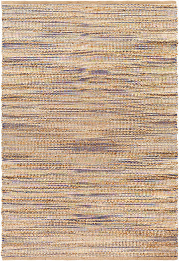 Close-up of hand woven Bombon Area Rug. Jute rug in beige, tan, and subtle blue stripes. Contemporary, farmhouse style. Design-Rectangle-576