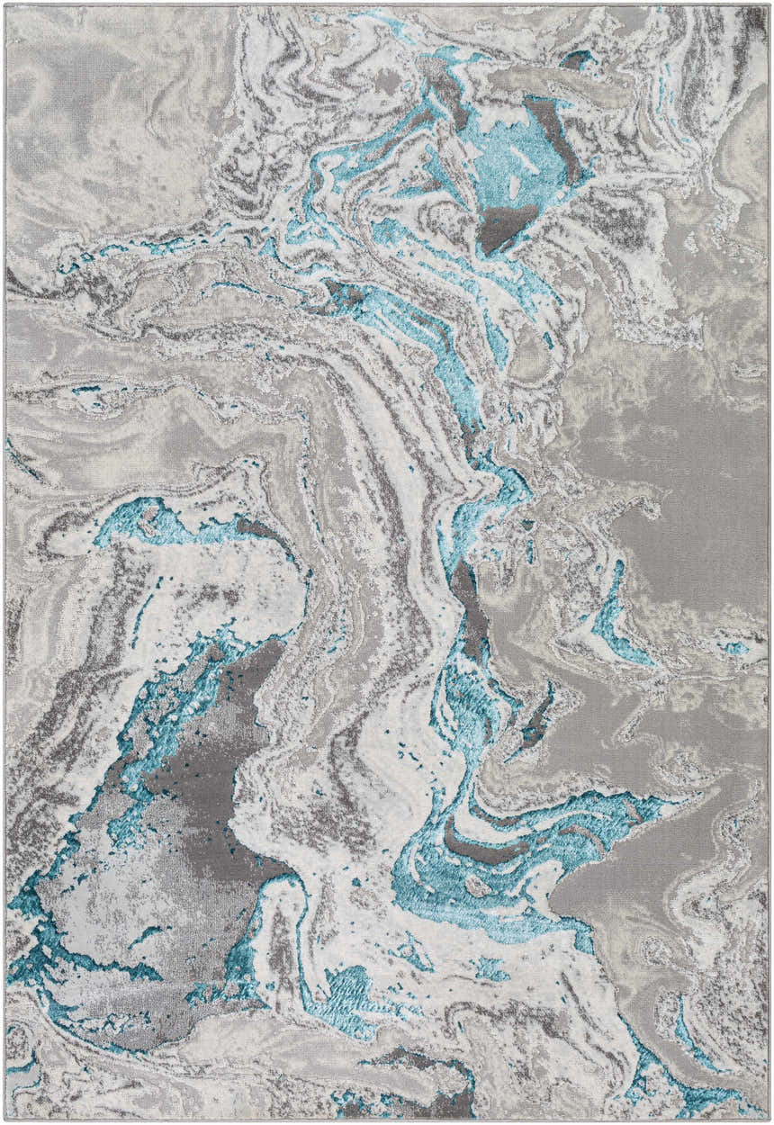 Close-up of Bonville Blue Marble Rug. Abstract pattern in blue, cream, light beige, and gray. Contemporary style, machine woven. Design-Rectangle-527