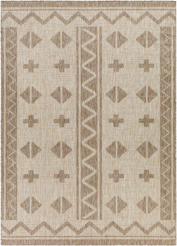 Close-up of Mangoso Beige Area Rug. Off-white rug with tan geometric diamond, cross, and zig-zag pattern. Machine woven. Design-Rectangle-537