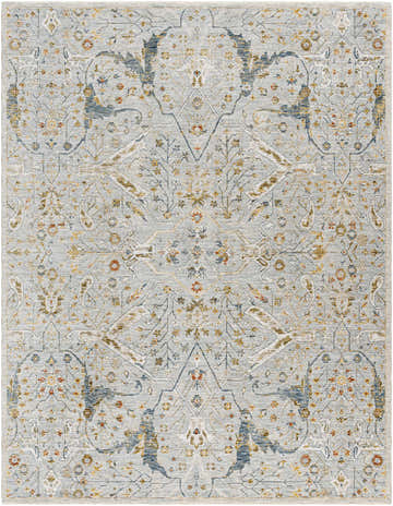 Close-up of the Bornova Luxe Oushak Rug. Machine-woven polyester rug with a traditional oriental pattern in denim, cream, and light gray. Design-Rectangle-710103