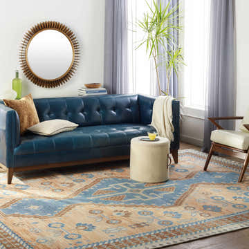 Living room scene with a blue sofa and the Boroondara Area Rug in blue, brick red, and cream. Bohemian style. Roomscene-Rectangle