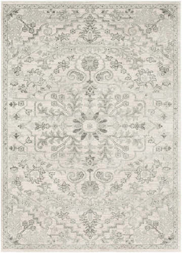 Close-up of the Borowski Area Rug, a machine-woven rug with a traditional floral pattern in charcoal, gray, and light beige. Design-Rectangle-5373