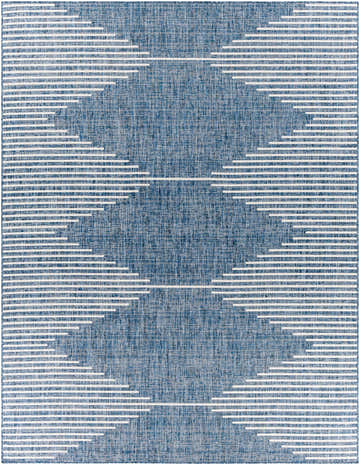 Close-up of the Stephan Navy Outdoor Rug. Features a geometric off-white pattern on a textured dark blue background. Design-Rectangle-710102