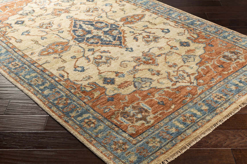 Close-up of the hand-knotted Bowlus Area Rug on dark wood floors. Features aqua, brick red, and ivory colors. Corner