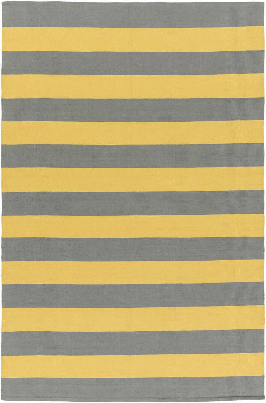 Close-up of the hand-woven Boyceville Area Rug. Gray and mustard yellow horizontal stripes create a modern farmhouse design. Design-Rectangle-576