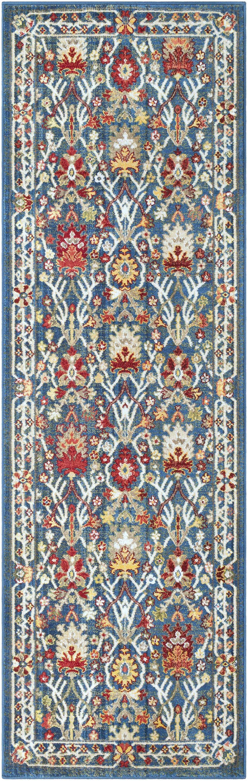 Detailed close-up of a Neola Navy Blue Damask Area Rug. Features a traditional floral pattern in navy, red, yellow, and white. Design-Runner-26710