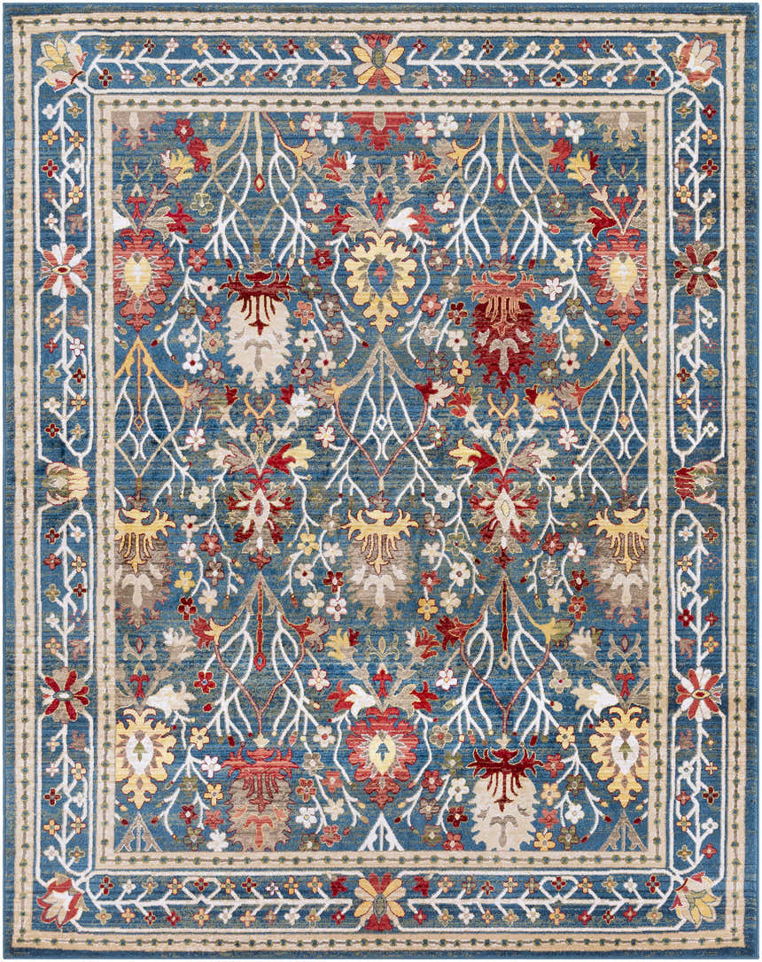 Detailed Neola Navy Blue Damask Area Rug with red, yellow, and white floral and branch pattern. Traditional style. Design-Rectangle-710910