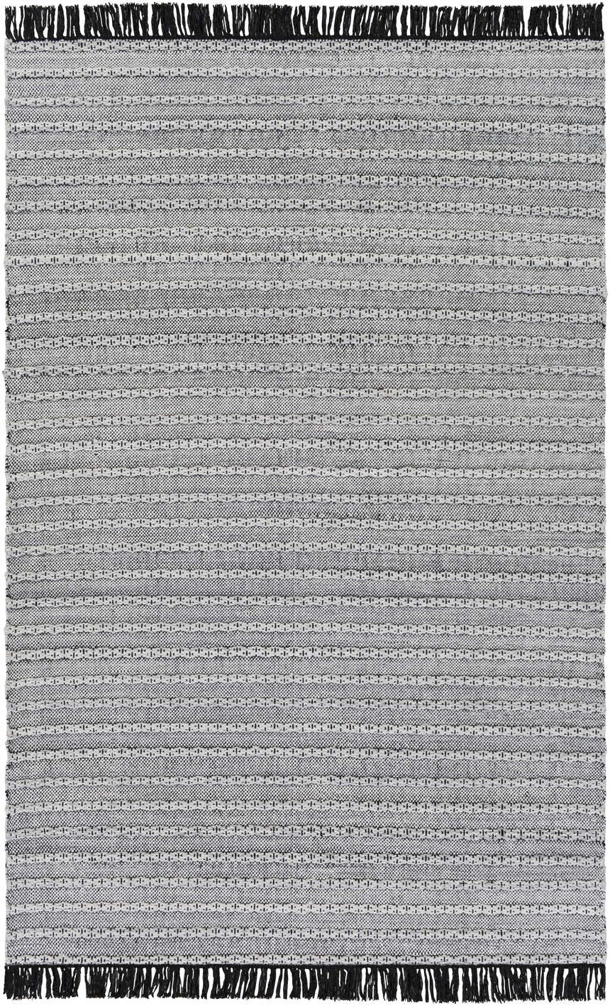 Close-up of the hand woven Brockman Area Rug. Black and light slate stripes with off white accents and black fringe. Design-Rectangle-576
