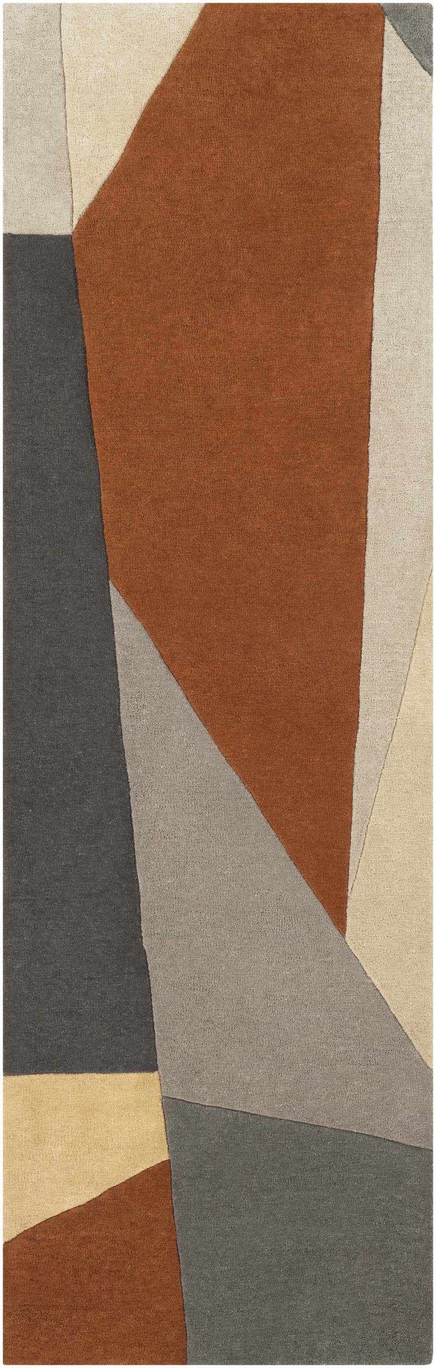 Close-up of the Bracknell Modern Wool Rug featuring a geometric design in brick red, charcoal, gray, tan, and taupe. Design-Runner-268