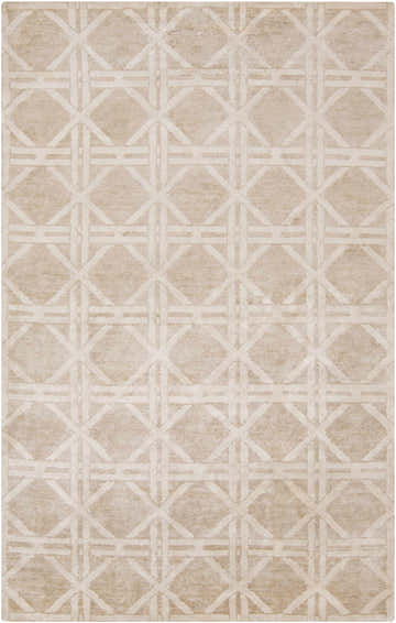 Close-up of the light gray and tan Bridgeland Area Carpet featuring a geometric lattice design. Design-Rectangle-58