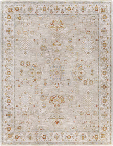Detailed beige Bradley Oushak Thick Luxe Area Rug with brick red, mustard, and olive floral accents. Traditional style. Design-Rectangle-710103