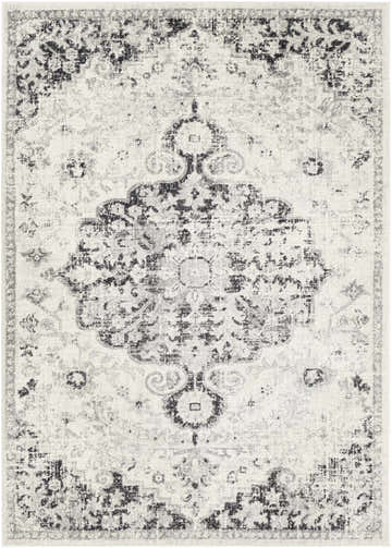 Close-up of the Bodrum Gray Area Rug featuring a traditional black and gray distressed medallion pattern. Design-Rectangle-5373