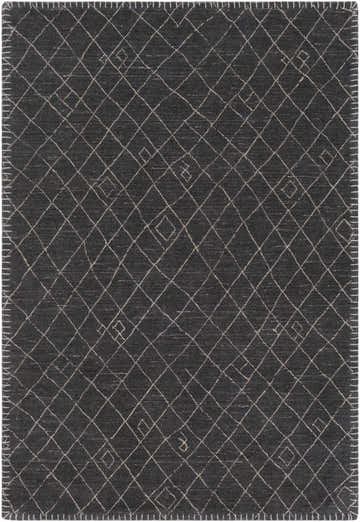 Close-up of the Brimbank Premium Rug. Hand-loomed wool and viscose rug in black and ivory with a geometric diamond pattern. Design-Rectangle-23