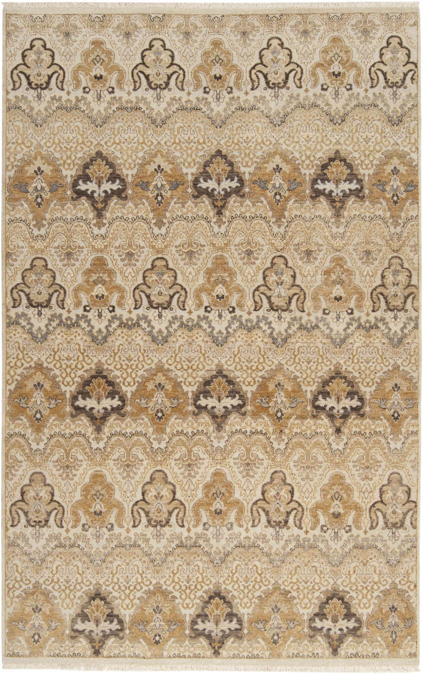 Close-up of the Brimson Area Rug, a hand-knotted wool rug with a traditional design in dark brown, tan, and off-white hues. Design-Rectangle-5686