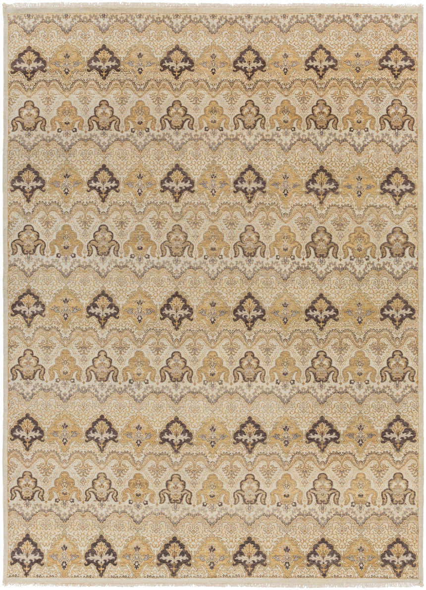 Detailed view of the Brimson Area Rug. Hand-knotted with a traditional design in dark brown, tan, and off-white hues. Design-Rectangle-86116