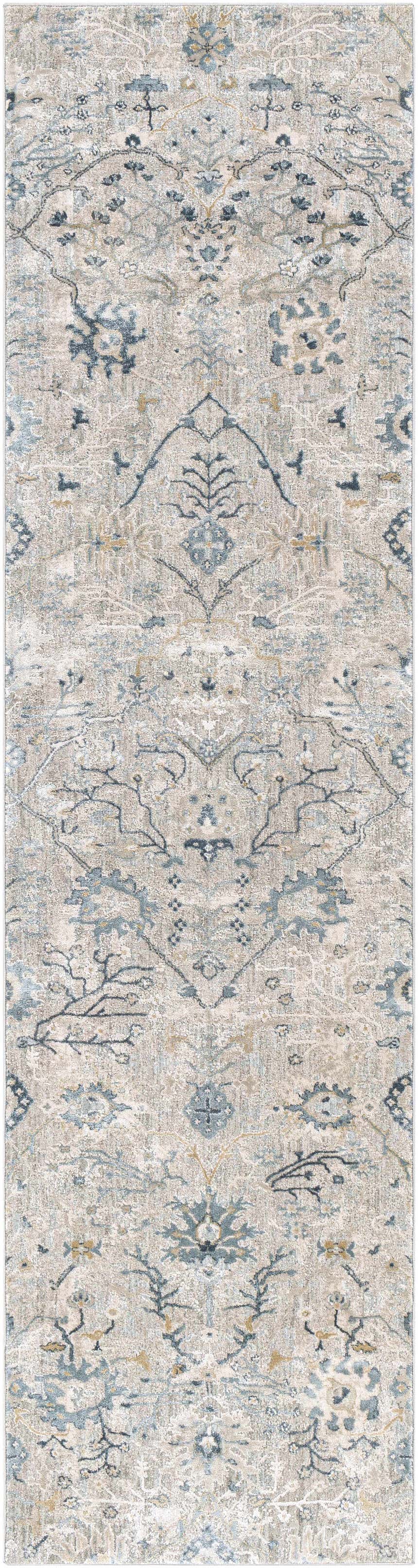 Close-up of the Barkisland Thick Luxe Oushak Rug. Features a traditional floral pattern in teal, sage, and beige tones. Design-Runner-2710