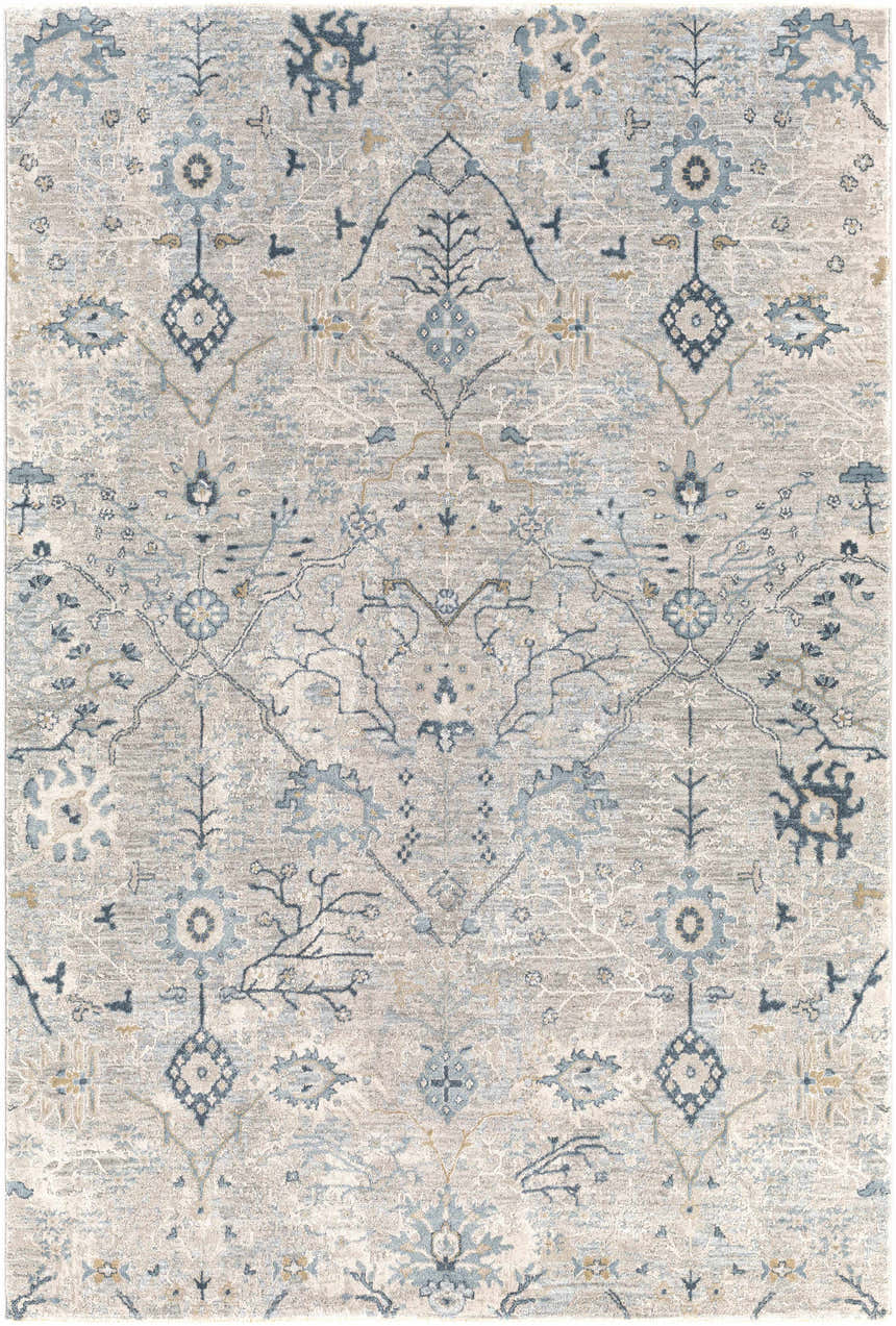 Close-up of Barkisland Thick Luxe Oushak Rug with traditional floral pattern in deep teal, sage, and beige. Design-Rectangle-575