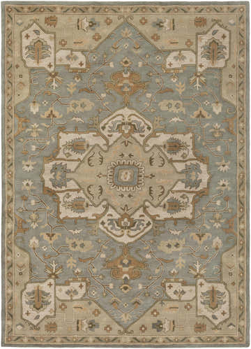 Detailed view of the Broomfield Gray 1144 wool rug. Oriental design with beige, brown, gray, and sage floral patterns. Design-Rectangle-811