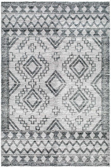 Close-up of the Bram Area Rug with a gray geometric diamond pattern on a light gray woven background. Design-Rectangle-576