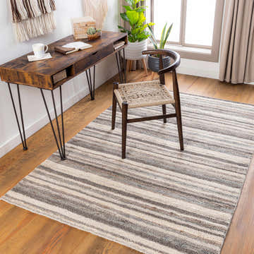 Home office with Burnage Area Rug in charcoal, cream, and beige. Desk, chair, and plants create a cozy workspace. Roomscene-Rectangle