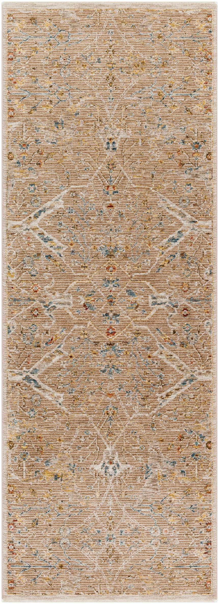 Close-up of the Barneyside Luxe Area Rug. Tan rug with traditional oriental design in cream, blue, yellow, and red. Design-Runner-2773