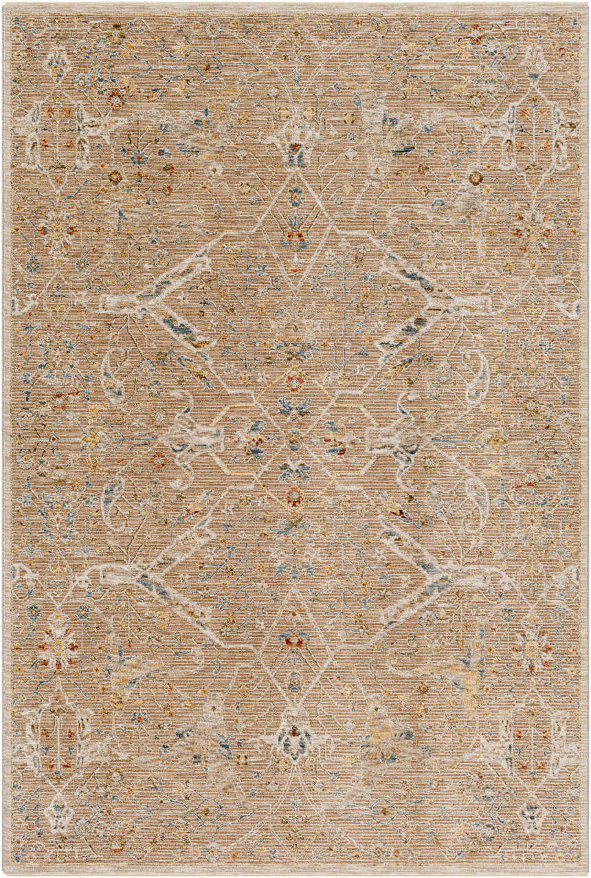 Close-up of the Barneyside Luxe Area Rug. Traditional rug with brick red, cream, denim, and light brown floral pattern on a tan background. Design-Rectangle-575
