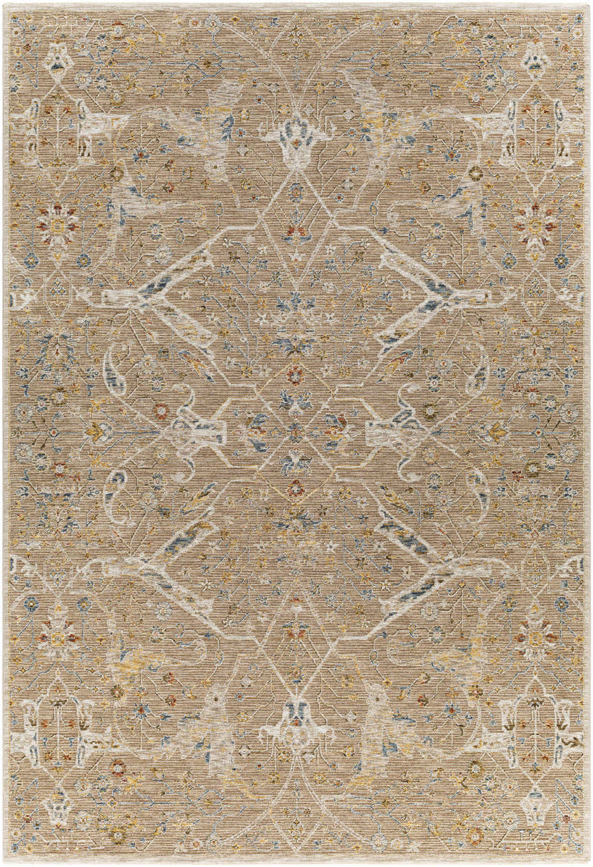 Detailed view of the Barneyside Luxe Area Rug, featuring a traditional oriental pattern in tan, cream, blue, and red. Design-Rectangle-6796