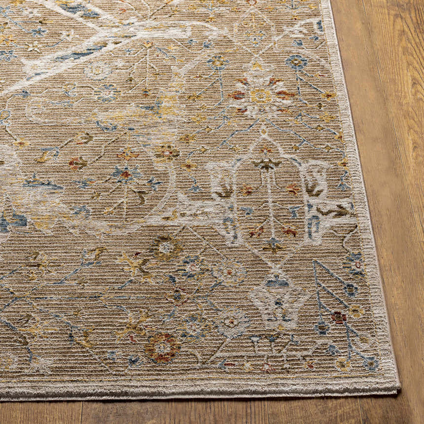 Close-up of the Barneyside Luxe Area Rug showing its traditional oriental pattern, brick red, cream, and denim colors. Front