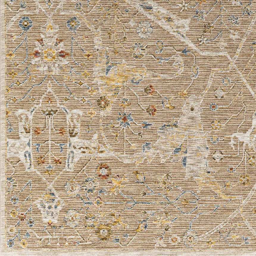 Close-up of the Barneyside Luxe Area Rug, showcasing its tan, cream, blue and yellow floral oriental pattern and textured weave. Swatch